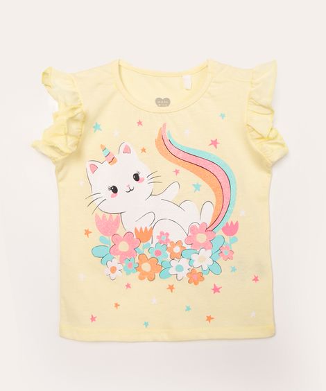 blusa infantil manga babado gato glitter amarelo
