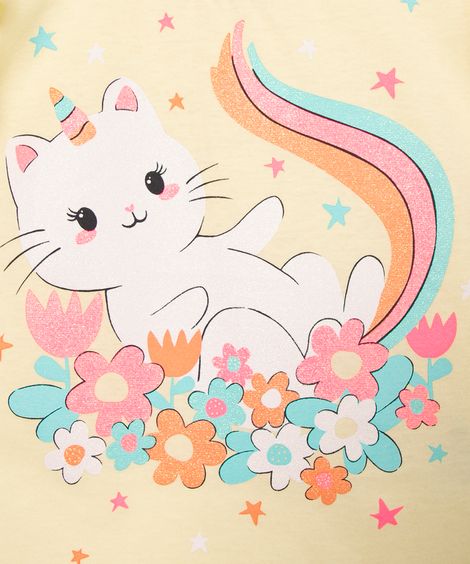 blusa infantil manga babado gato glitter amarelo
