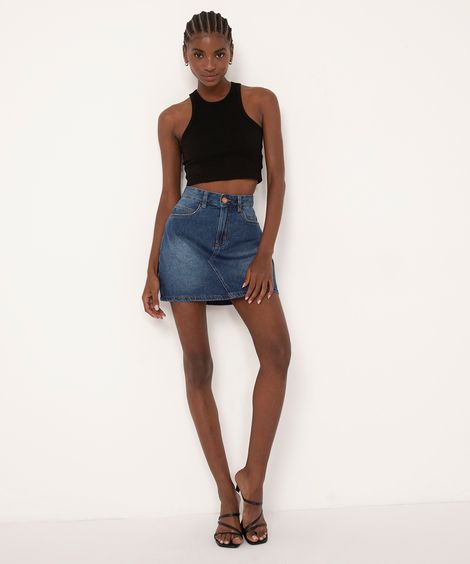 minissaia jeans cintura super alta azul escuro