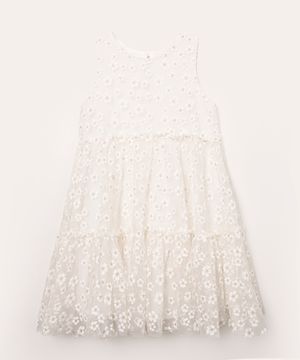 vestido infantil de tule floral off white