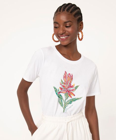 camiseta de algodão manga curta florescer off white