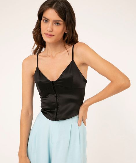 top cropped corset de cetim alça fina preto