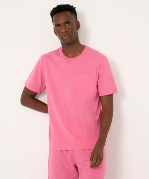 camiseta básica de algodão manga curta com bolso rosa