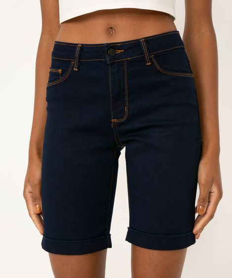 bermuda jeans ciclista cintura média azul escuro
