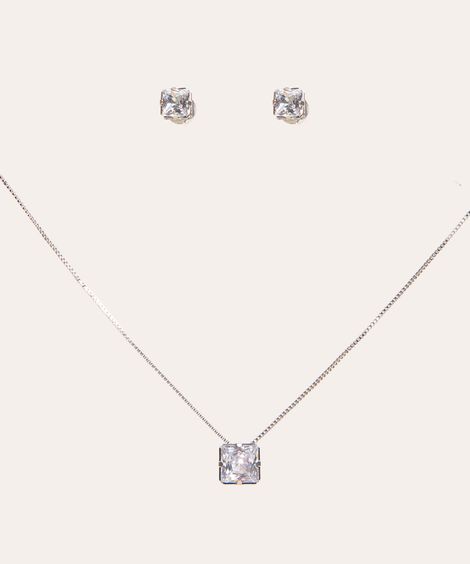 kit de brincos com colar zircônia prateado