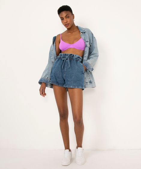short jeans clochard cintura super alta azul médio