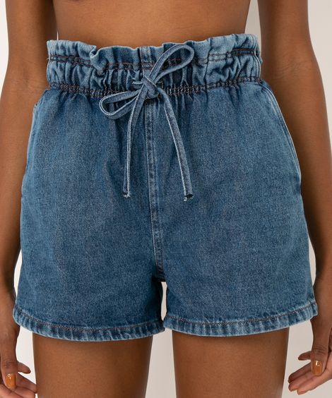 short jeans clochard cintura super alta azul médio