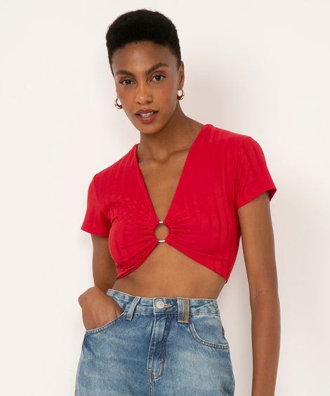 blusa cropped manga curta decote argola vermelho