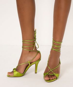sandália salto alto metalizada amarração vizzano verde