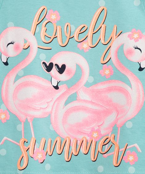 blusa infantil manga curta flamingos glitter azul médio