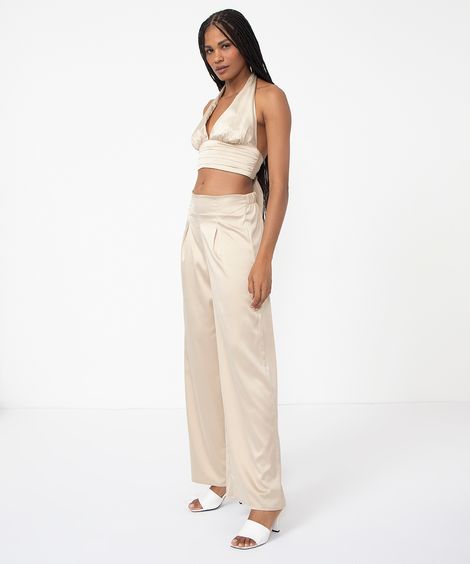 calça wide leg com pregas de cetim cintura alta bege