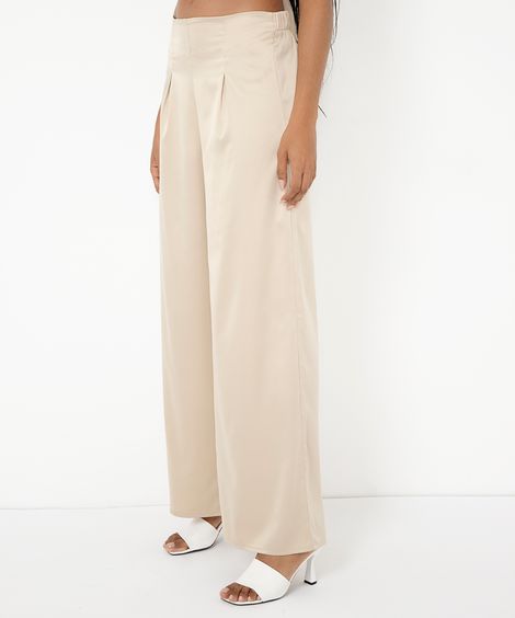calça wide leg com pregas de cetim cintura alta bege