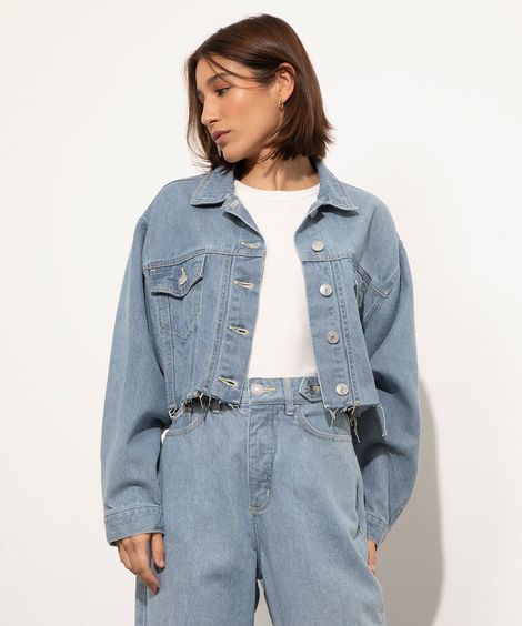 jaqueta jeans cropped mindset azul claro
