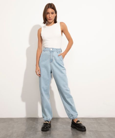 calça jeans jogger cintura alta mindset azul médio