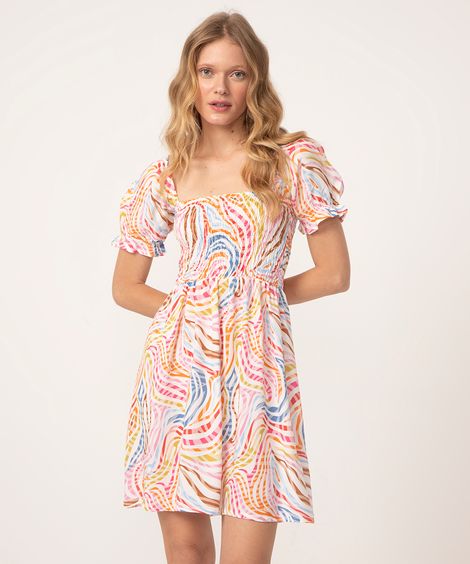 vestido de viscose curto manga bufante zebra off white