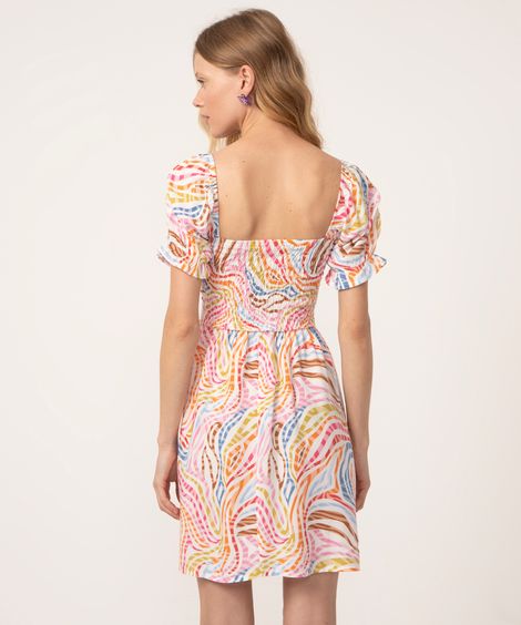 vestido de viscose curto manga bufante zebra off white