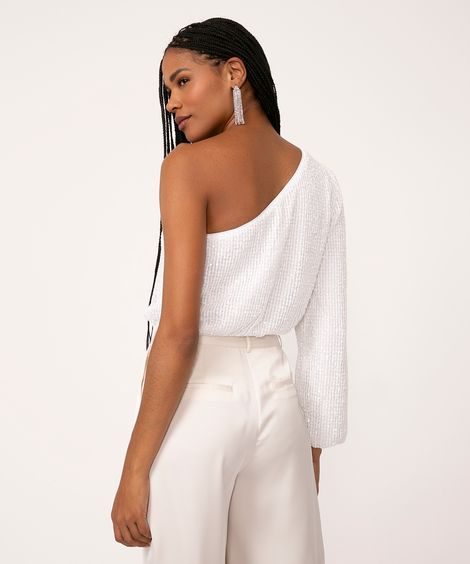 blusa cropped de paetês one shoulder manga longa branca