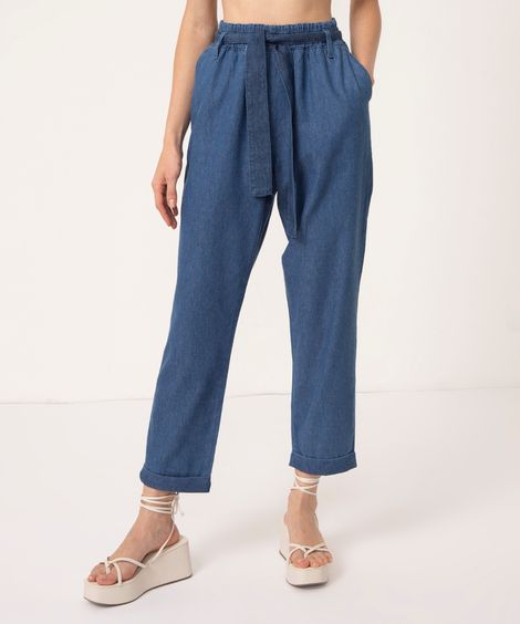 calça clochard jeans cintura super alta azul médio