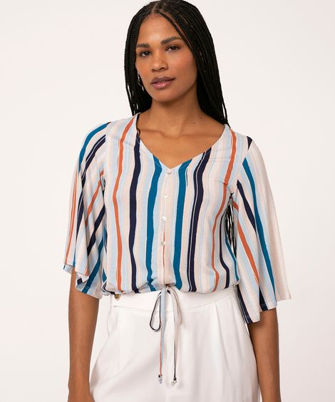 blusa de viscose manga curta botões amarração listrada multicor