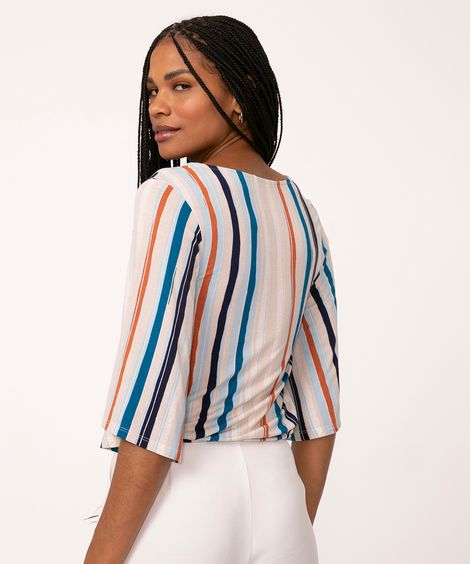 blusa de viscose manga curta botões amarração listrada multicor