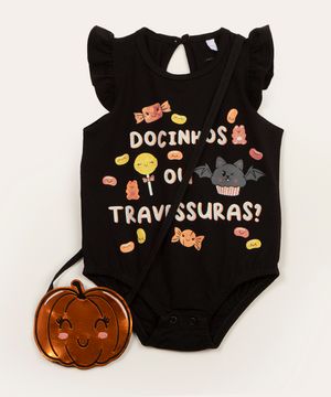 body infantil fantasia manga curta halloween com bolsa preto