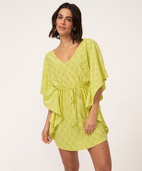 saída de praia kaftan curto de laise com amarração verde lima
