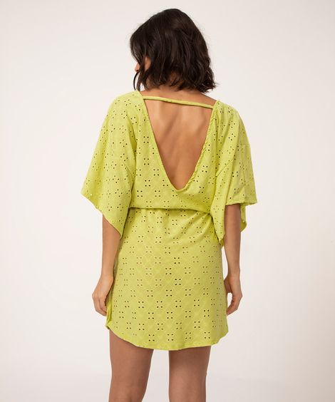 saída de praia kaftan curto de laise com amarração verde lima