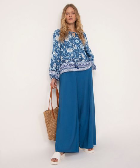 calça wide leg alfaiataria cintura alta azul cobalto
