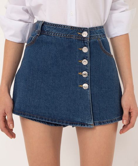 short saia jeans cintura alta com botões azul escuro