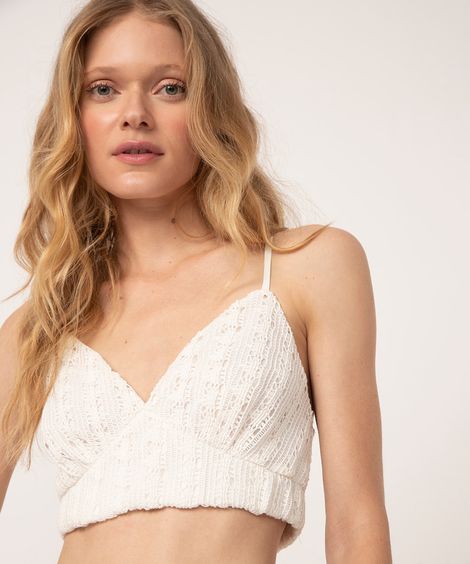 top cropped de crochê alça fina off white