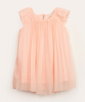 vestido infantil plissado poá com glitter rosa claro