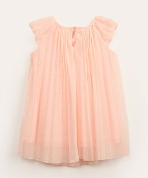 vestido infantil plissado poá com glitter rosa claro