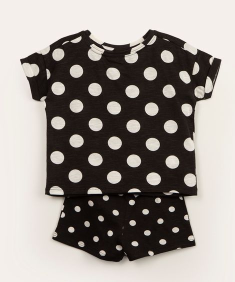 conjunto infantil de blusa manga curta poá e short preto