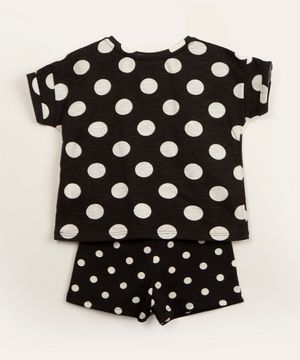 conjunto infantil de blusa manga curta poá e short preto