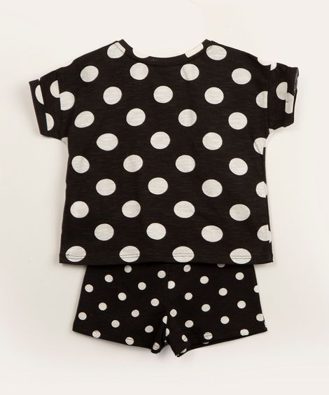 conjunto infantil de blusa manga curta poá e short preto