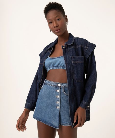 short saia jeans com puído cintura alta azul medio