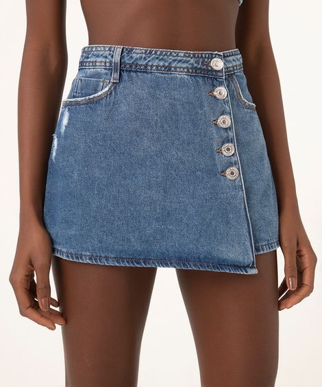 short saia jeans com puído cintura alta azul medio