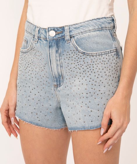 short jeans boy brilhos cintura média azul claro