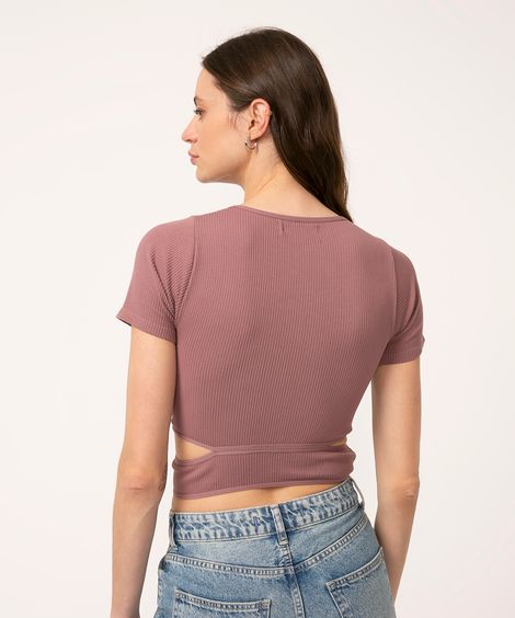 blusa cropped de poliamida cut out marrom claro