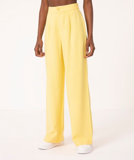 calça feminina wide leg de viscose com prega amarela