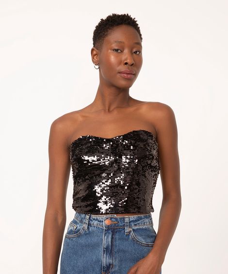 top corset cropped de paetê preto