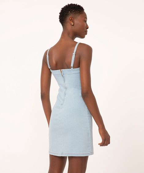 vestido jeans curto alça fina azul claro
