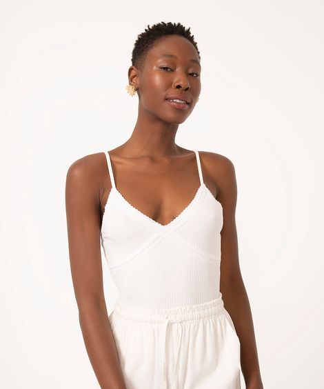 regata canelada com renda alça fina off white