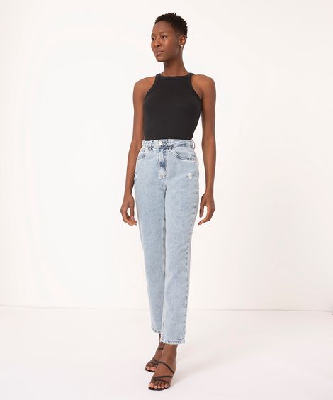 calça jeans mom cintura super alta azul claro