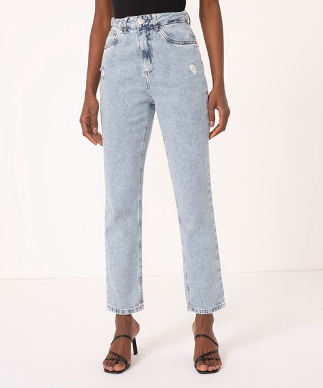 calça jeans mom cintura super alta azul claro