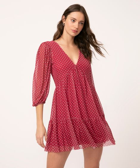 vestido de tule manga bufante poá vermelho