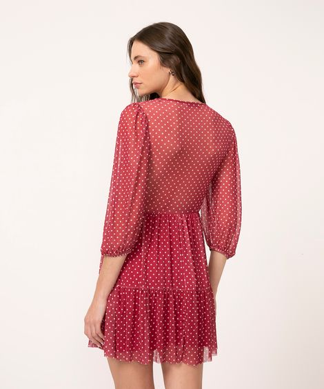 vestido de tule manga bufante poá vermelho