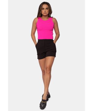 Tricô Blusa Cropped de Tricot Modal Canelado e Decote Redondo Feminino Pink Tricot Rosa