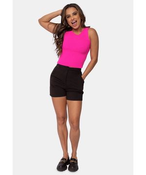 Tricô Blusa Cropped de Tricot Modal Canelado e Decote Redondo Feminino Pink Tricot Rosa