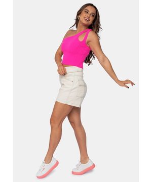 Tricô Blusa Cropped de Tricot Modal Canelado Um Ombro Só Feminino Pink Tricot Rosa